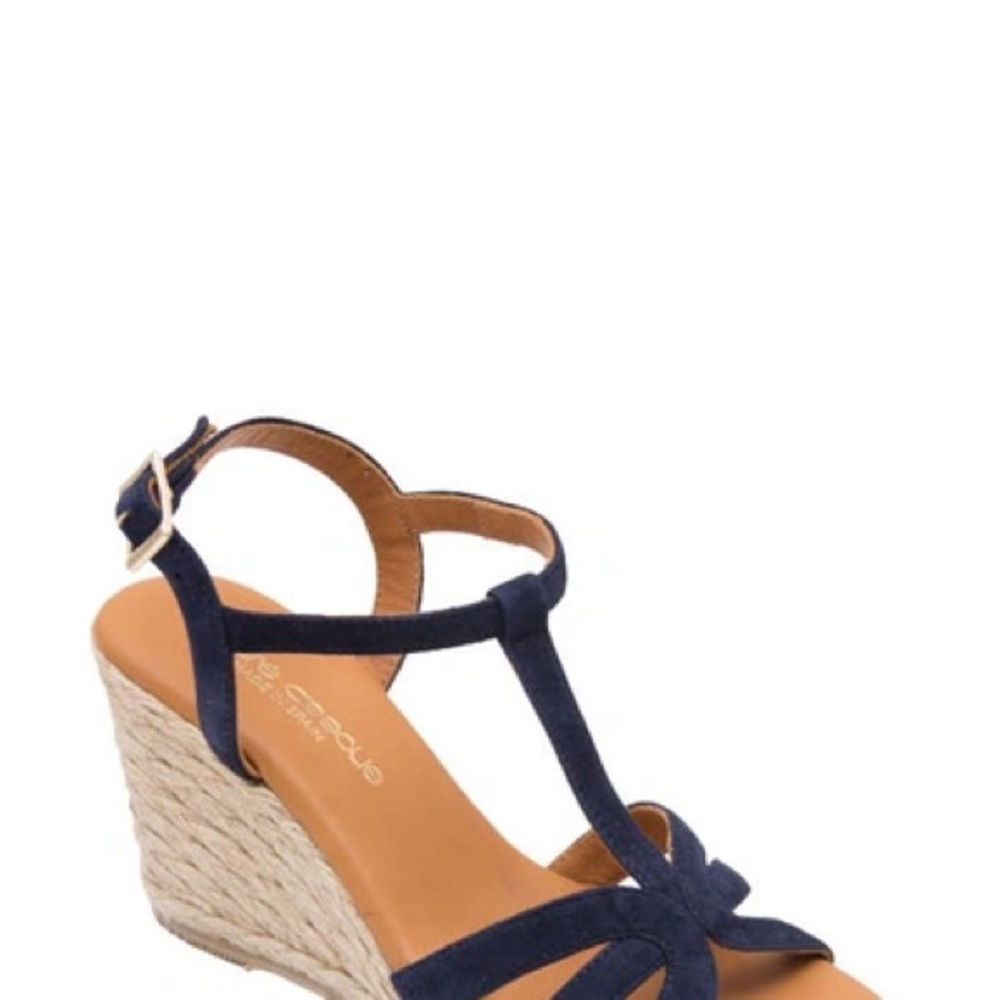 Blue and Tan T-Strap Wedge Sandals